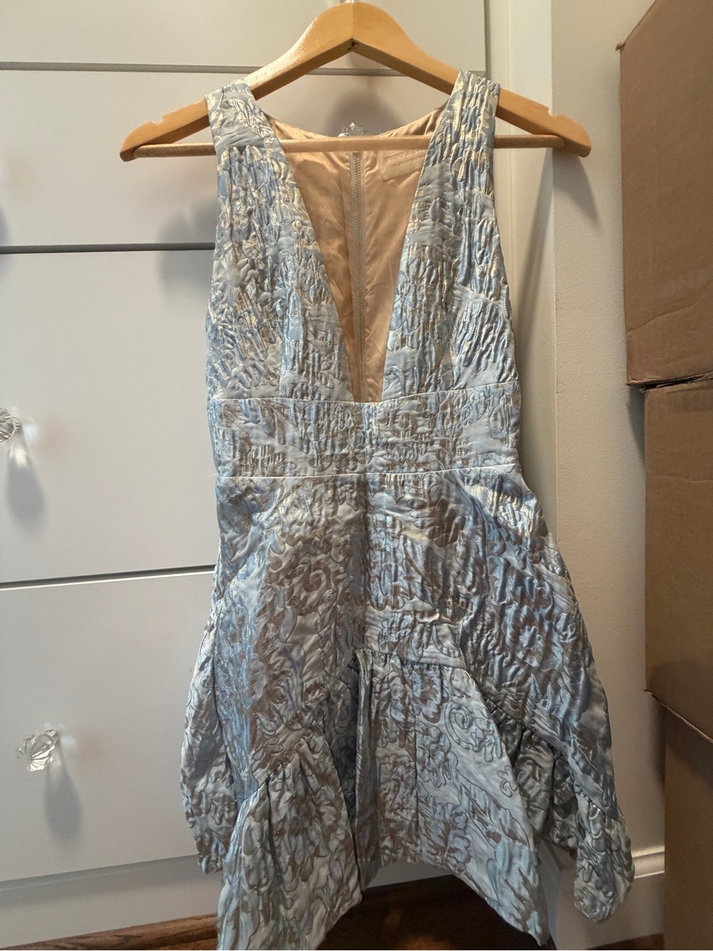 Bronx & Banco Plunge V-Neck Asymmetrical Textured Dress in Light Blue